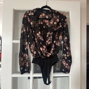 Lulu's Black Floral Bodysuit Top